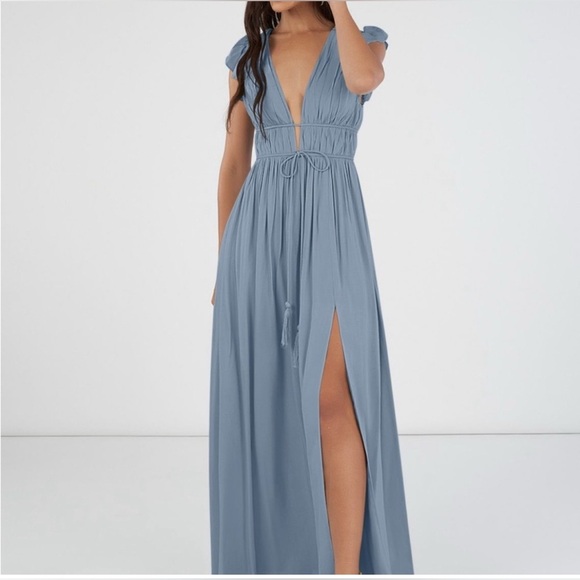 Azazie "Santorini" Blue Maxi Dress Size 16 plunging v neck black tie formal - Picture 2 of 12